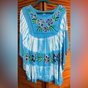 7 Islands Blue Tie Dye Hand Painted Floral Boho Tunic Top One Size